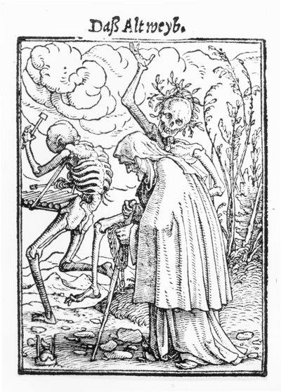 Morte e a velha, de "A dança da morte", gravada por Hans Lutzelburger, c.1538 (xilogravura) (foto bw) de Hans Holbein der Jüngere