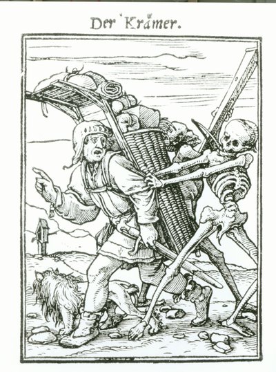 Morte e o Pedlar, de "A Dança da Morte", gravada por Hans Luutzelburger, c.1538 de Hans Holbein der Jüngere