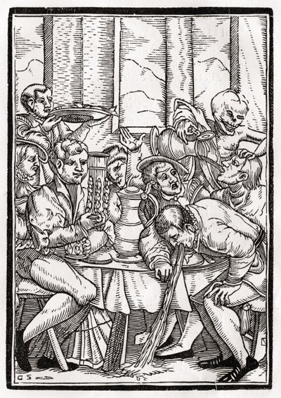 A morte chega para o bêbado, gravada por Georg Scharffenberg, de &39;Der Todten Tanz&39;, publicada em Basel, 1843 de Hans Holbein der Jüngere