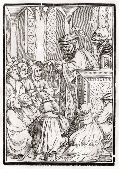 A morte chega para o Pregador, gravada por Georg Scharffenberg, de &39;Der Todten Tanz&39;, publicada em Basiléia, 1843 de Hans Holbein der Jüngere