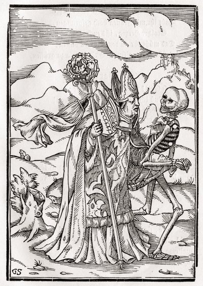 A morte chega ao bispo, gravada por Georg Scharffenberg, de &39;Der Todten Tanz&39;, publicada em Basel, 1843 de Hans Holbein der Jüngere