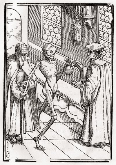 A morte chega ao Doutor, gravada por Georg Scharffenberg, de &39;Der Todten Tanz&39;, publicada em Basel, 1843 de Hans Holbein der Jüngere