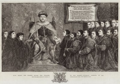 O Rei Henrique VIII deu a Carta à Companhia de Cirurgiões-Barbeiros, em 1541 de Hans Holbein der Jüngere