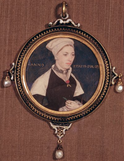 Retrato em miniatura de Jane Small, anteriormente conhecido como Mrs. Robert Pemberton, c.1540 (wc em velino montado em baralho) de Hans Holbein der Jüngere