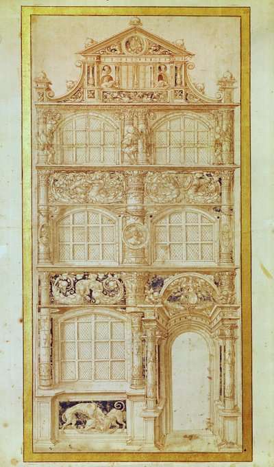 Proposta para a fachada de uma casa de três andares e uma empena (caneta e tinta no papel) de Hans Holbein der Jüngere