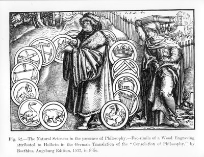 As Ciências Naturais na Presença da Filosofia, da edição alemã de 1537 do &39;Consolation of Philosophy&39; de Boethius, ilustração de &39;Science and Literature in the Middle Ages&39; e Renais de Hans Holbein der Jüngere
