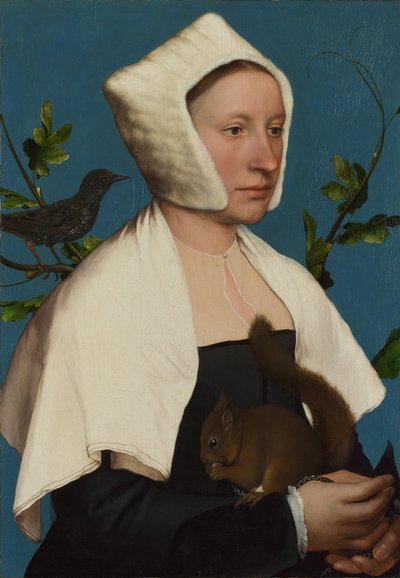 Uma senhora com um esquilo e uma estorninha Anne Lovell, c. 1527 de Hans Holbein der Jüngere