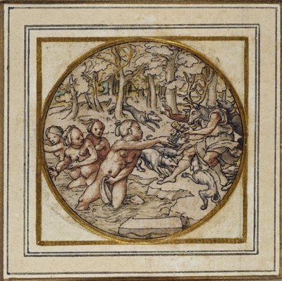 Diana e Actaeon - Desenho para um pingente ou crachá de chapéu, c.1532-43 (caneta e tinta sobre papel) de Hans Holbein der Jüngere
