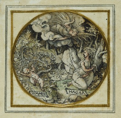 Hagar e Ishmael - Design para um pingente ou crachá de chapéu, c.1532-43 (caneta e tinta sobre papel) de Hans Holbein der Jüngere