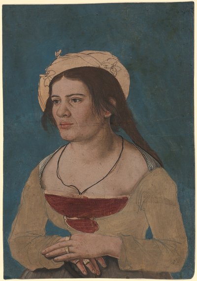 Hans Holbein, o Jovem (circa) - Retrato de uma jovem mulher com um corpete vermelho, Inv. 1823.143 de Hans Holbein the Younger