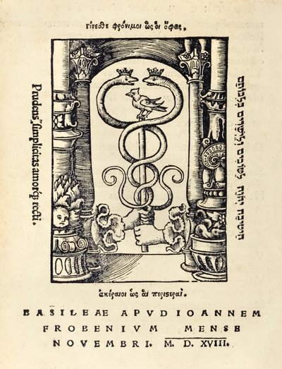 Marca da impressora de Johann Frobens (c.1460 -1527) mostrando duas mãos segurando o caduceu da terceira edição da 