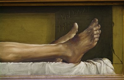 O Corpo dos Mortos Cristo, detalhe dos pés e assinatura e data da obra, 1521 têmpera em lenha de Hans Holbein der Jüngere