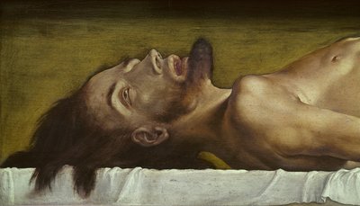 O Corpo dos Mortos Cristo, detalhe da cabeça, 1521 têmpera na lenha de Hans Holbein der Jüngere
