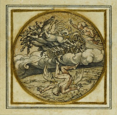The Fall of Icarus - Design para um pingente ou crachá de chapéu, c.1532-43 (caneta e tinta sobre papel) de Hans Holbein der Jüngere