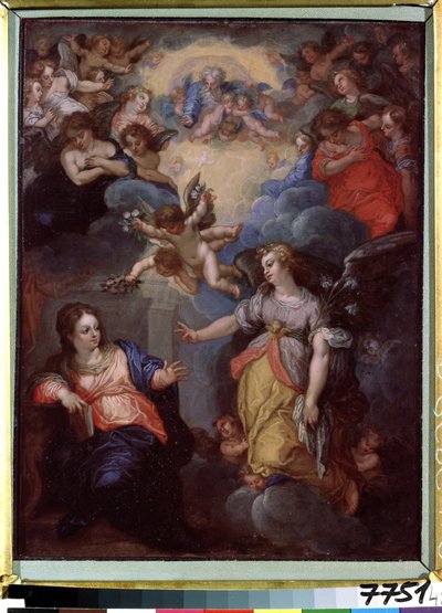 A Anunciação. Pintura de Hans Rottenhammer, o Grande (1564-1625). Óleo sobre cobre, 37 x 21 cm. Arte alemã, Maneirismo. Museu Estatal de Arte Estrangeira da República da Letónia, Riga (Letónia). de Hans I or Johann Rottenhammer