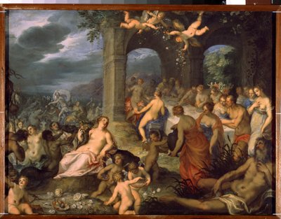 Festa dos deuses, o casamento de Pelé e Tétis. À esquerda, mrine deities (tritões e naides). No centro, a deusa da terra Tellus Mater (ou Terra Mater ou Gaia) com um chifre de abon de Hans I or Johann Rottenhammer