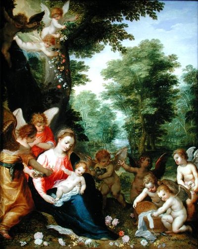 Madonna e criança com anjos em uma paisagem (óleo em cobre) de Hans I or Johann Rottenhammer