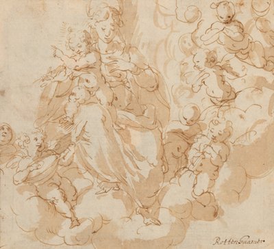 Recto: A Virgem e o Menino sentados nas nuvens, rodeados de putti de Hans I or Johann Rottenhammer