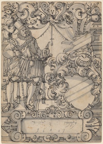 Um doador com um brasão (companheiro de escudo e escudo heráldico de barra inclinada) de Hans Jegli II