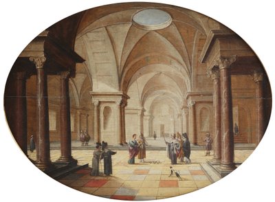 Um interior clássico do palácio com Moisés transformando o cetro do faraó em uma serpente (óleo no painel) de Hans Juriaensz. van Baden