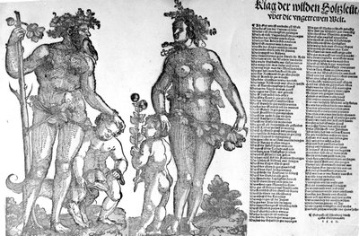 Broadside na retirada dos homens selvagens das madeiras de um mundo que mudou para pior, xilogravura feita por Hans Guldenmundt, 1545 de Hans Leonard Schaufelein
