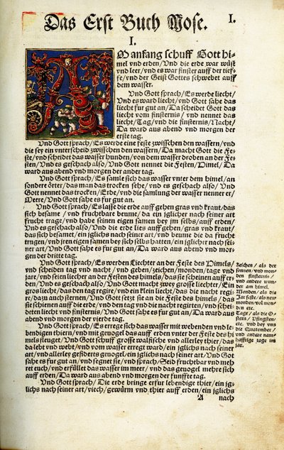 A página de abertura do Livro de Génesis em Martin Luthers Tradução bíblica de 1534 de Hans Luft