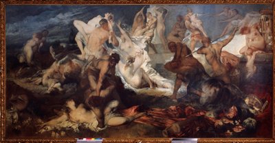Batalha de Centauros e Lápitas ou Lafitas (Batalha de Centauros e Lápitas). Na mitologia grega, os Lápitas massacraram os centauros. Pintura de Hans Makart (1840-1884). Óleo sobre tela. Arte austríaca, período art nouveau. Museu Estadual de F de Hans Makart
