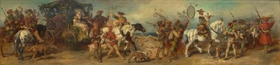 Esboço do desfile de 1879 — Grupo de caçadores com carro de presas de Hans Makart
