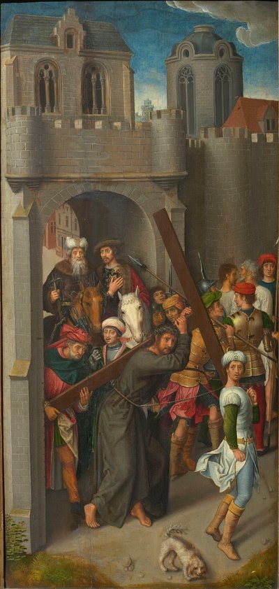 Tríptico do Calvário: Cristo carregando a cruz, asa esquerda, década de 1480. de Hans Memling