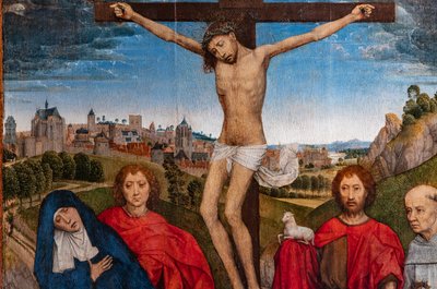 Cristo crucificado com a Virgem, São João Baptista e o Evangelista, Maria Madalena e dois abades cistercienses, detalhe de Hans Memling
