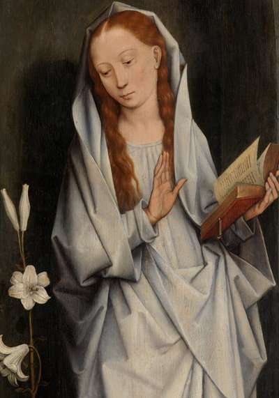 Detalhe da Virgem, do reverso de um par de asas mostrando a Anunciação (óleo sobre painel) de Hans Memling