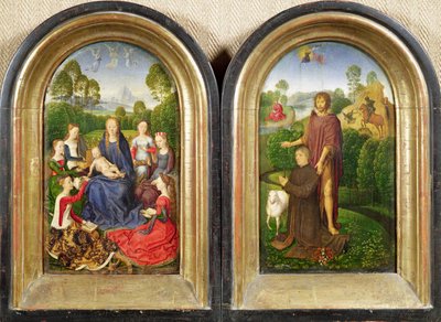 Díptico de Jean du Cellier: A Virgem e o Menino com os Santos e o doador apresentado por São João Batista, c.1490 de Hans Memling