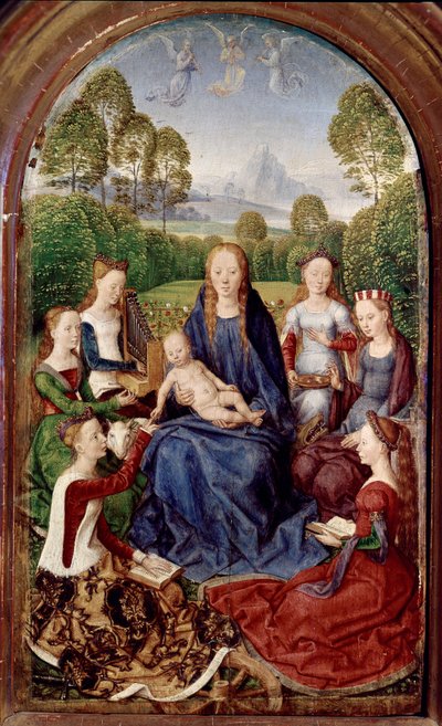 Díptico de Jean du Cellier: Virgem e seis santos (óleo sobre painel de Hans Memling
