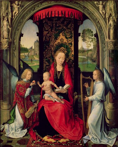 Madonna e Child com dois Anjos (óleo no painel) de Hans Memling