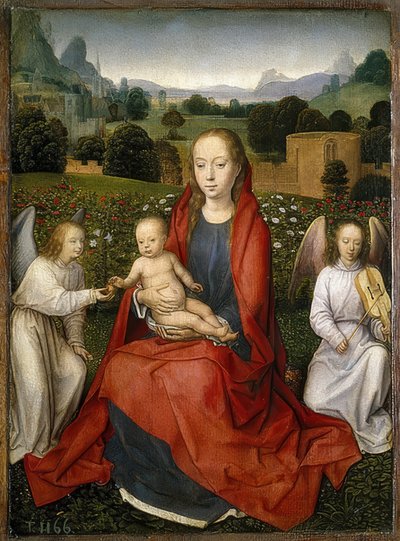 Madonna e criança com dois anjos. 1480-90 de Hans Memling