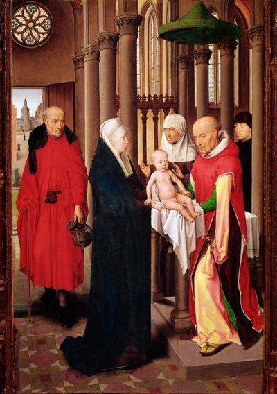 Apresentação no templo. Painel direito do Tríptico de Adoração dos Reis Magos (Detrempe sobre madeira, c.1470) de Hans Memling