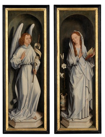 Reverso de um par de asas mostrando a Anunciação (óleo sobre painel) de Hans Memling