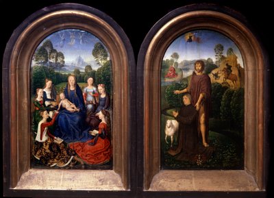 A Virgem e a Criança Rodeadas por Saintes, o Doador e São João Baptista Díptico - Pintura de Hans Memling (1435-1494) (ec flam) Paris do século XV, Museu do Louvre de Hans Memling