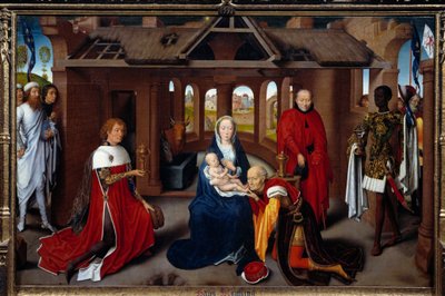 Tríptico da Adoração dos Magos: painel central. Os magos são como Carlos o Temerário e Filipe o Bom. Detrempe sobre madeira por Hans Memling (1433-1494). cerca de 1470, Sol. 0,95x1,45 m Madrid. Musee du Prado. - Tríptico da Adoração dos Reis Magos: cêntimo de Hans Memling
