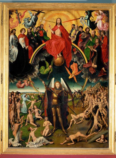 Tríptico com o Juízo Final, painel central: Julgamento e pesagem das almas (tríptico sobre painel) de Hans Memling