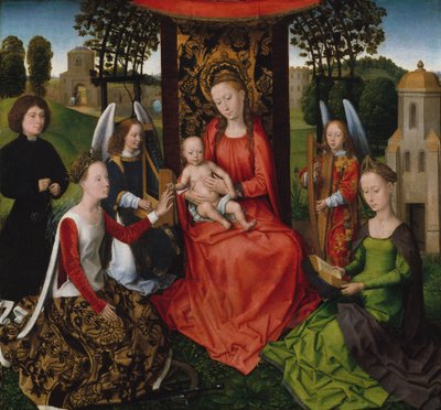 Virgem e Criança com os Santos Catarina de Alexandria e Bárbara, início dos anos 1480. de Hans Memling