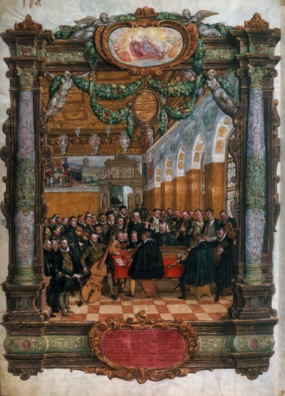 Orlando di Lasso (1532-1594), na parte inferior esquerda, em concerto para o Duque Albrecht V da Baviera na corte de Munique de Hans Mielich or Muelich