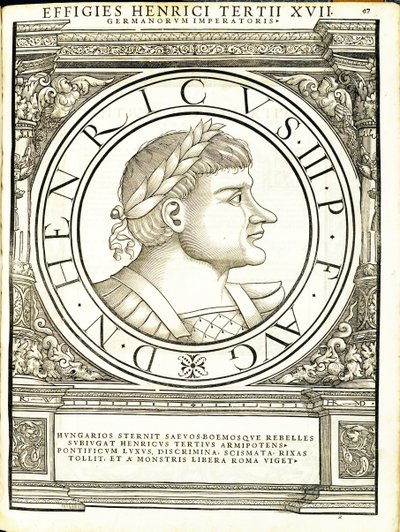 Henry, 3, do comandante geral dos Roman Leste e Oeste mais verdadeiras imagens de moedas antigas, gravura por Rudolph Wyssenbach, impressa por Andreas Gessner, Zurique de Hans Rudolf Manuel Deutsch