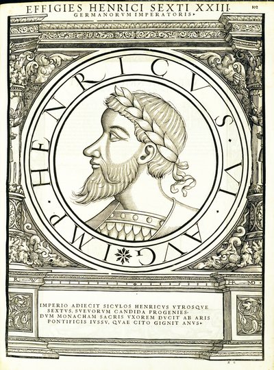 Henry, 6, a partir dos imperadores romanos de leste e oeste mais verdadeiras imagens de moedas antigas, gravura por Rudolph Wyssenbach, impressa por Andreas Gessner, Zurique, 1 de Hans Rudolf Manuel Deutsch