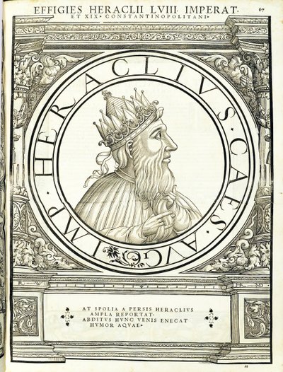Ileraclius, do comandante geral dos Roman Leste e Oeste mais verdadeiras imagens de moedas antigas, gravura por Rudolph Wyssenbach, impressa por Andreas Gessner, Zurique, 1 de Hans Rudolf Manuel Deutsch