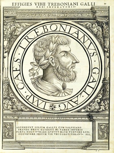 Gallus, do comandante geral da Roman leste e oeste mais verdadeiras imagens de moedas antigas, gravura por Rudolph Wyssenbach, impressa por Andreas Hamberger, de Hans Rudolf Manuel Deutsch