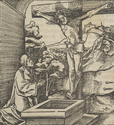 Um homem orando diante de um crucifixo, de Hymmelwagen auff dem, wer wol Leben..., 1517. de Hans Schäufelein the Elder