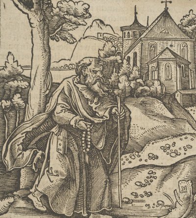 Um velho peregrino caminhando para a direita, de Hymmelwagen auff dem, wer wol Leben..., 1517. de Hans Schäufelein the Elder