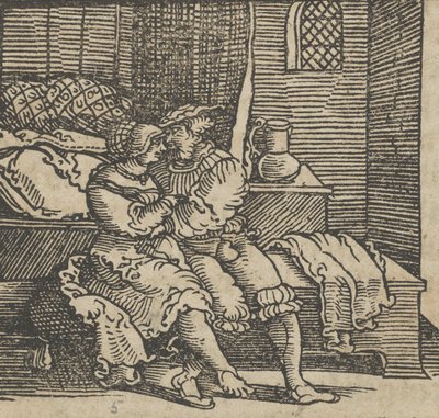 Spinneloccio Trancado em um baú, no qual sua esposa e Zeppa estão sentados, de The..., antes de 1534. de Hans Schäufelein the Elder