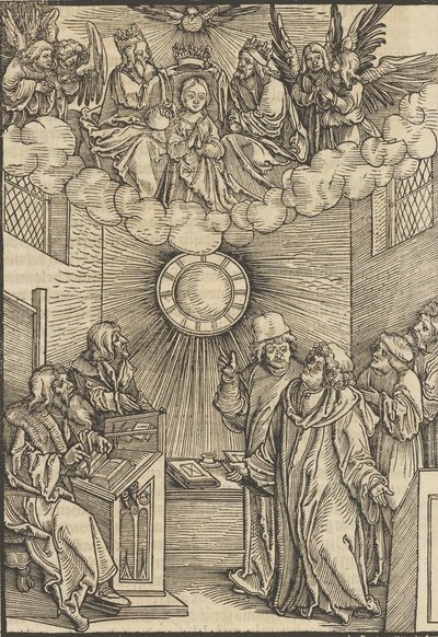 O autor escrevendo o Layenspiegel, A Trindade e a Virgem no Centro Superior, de ..., 1511. de Hans Schäufelein the Elder